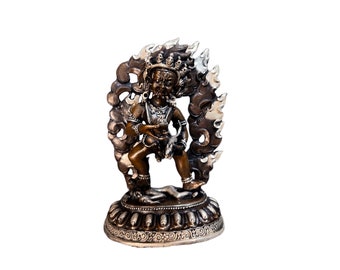 6" Inches, Buddhist Miniature Statue of Black Jambhala, Silver and Chocolate Oxidized