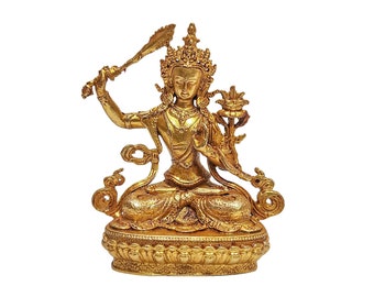 6 CM Height, Buddhist Miniature Statue Of Manjushri Or Manjushree, Gold Plated