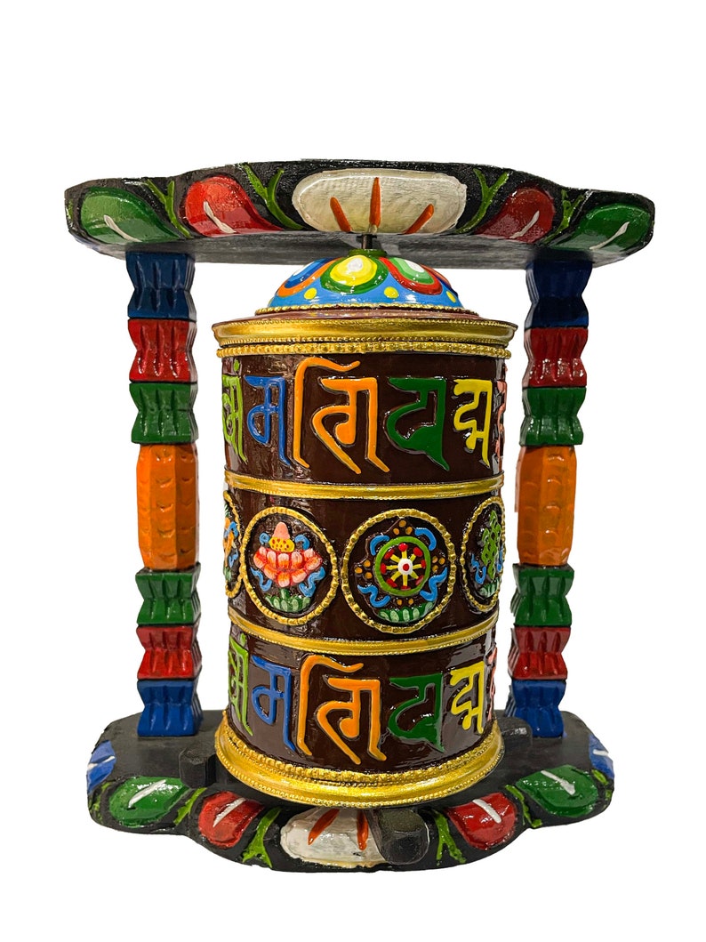 9 inches, Wall Prayer Wheel with Mantra Inside, Thangka Color with Carved Mantra, Ashtamangala image 2
