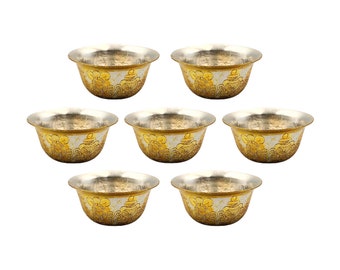 4.5 CM Diameter, Copper Offering Bowl, Hand Carved 7 Pcs Set, Gold And Silver Plated