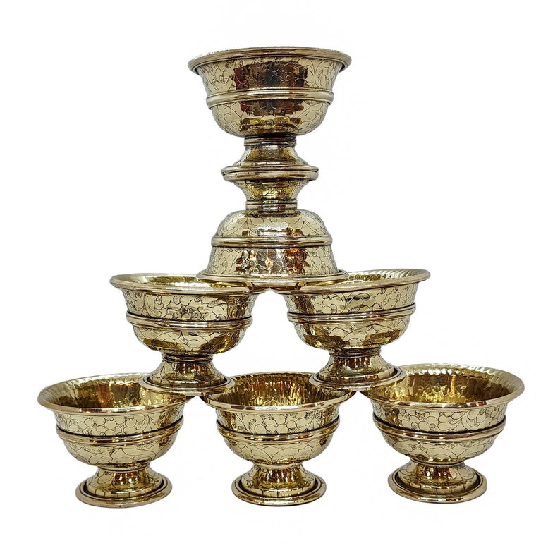7 CM Height, Copper Offering Bowl With Stand And Hand Carving 7 Pcs Set image 2