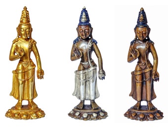 6 Zoll, Maitreya Buddha, buddhistische Miniaturstatue, Silber und Schokolade oxidiert / vergoldet, mit Schnitzerei