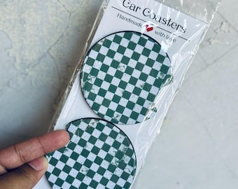 Checkered Teal Car Coasters