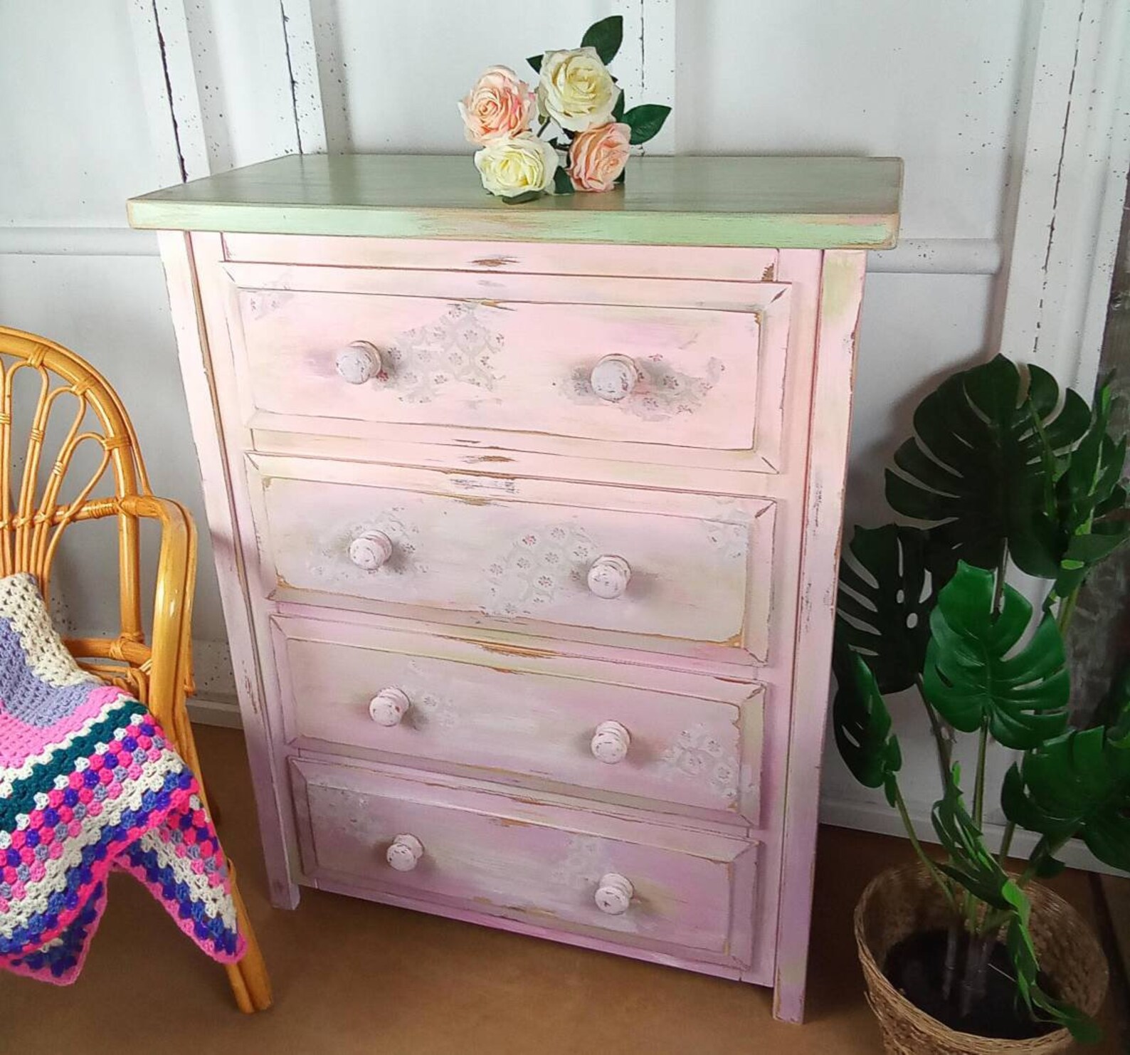 Hand painted wooden chest of drawers pink green cream with Etsy