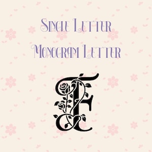Peut inclure: Un monogramme noir en forme de lettre F avec un motif intégré de rose et de vigne. Le texte "Single Letter Monogram Letter" apparaît en violet au-dessus de la lettre. Le fond est crème clair avec un motif répétitif de petites fleurs roses.
