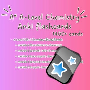 以下が含まれることがあります： ピンク色の背景に「A* A-Level Chemistry Anki flashcards 1400+ cards」の文字。Aレベルの化学のトピックが示されています。右下には青い星の付いた灰色のフラッシュカードがあります。