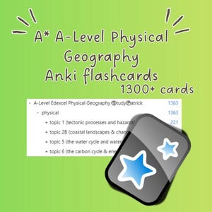 Peut inclure: Fond vert avec le texte : "A* A-Level Physical Geography Anki flashcards 1300+ cards." Une carte flash numérique avec des étoiles bleues est dans le coin. Les sujets incluent les processus tectoniques et le cycle de l'eau.
