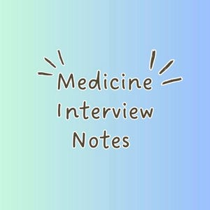 Puede incluir: Un fondo degradado azul y verde con las palabras "Medicine Interview Notes" en una fuente manuscrita. Las palabras están rodeadas de pequeñas líneas estilizadas.