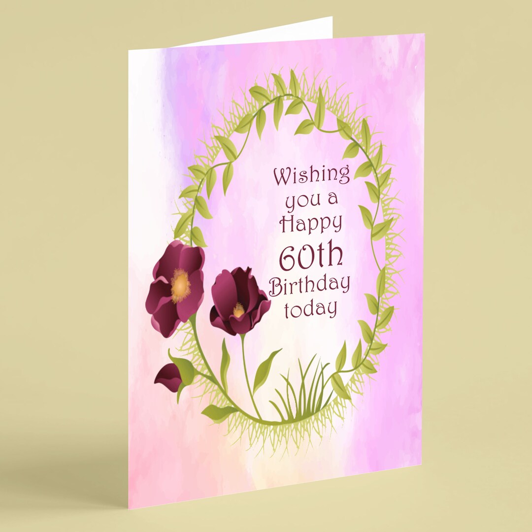 Pink Floral Wreath 60th Birthday Card - Can Supply Other Ages - Beebooh ...