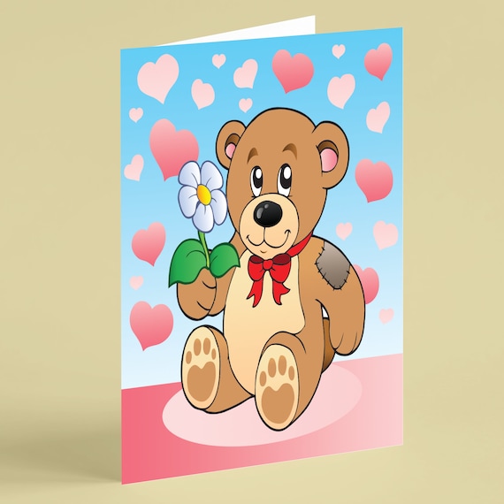Cute Teddy Bear With Flower & Hearts Get Well Soon Card for 