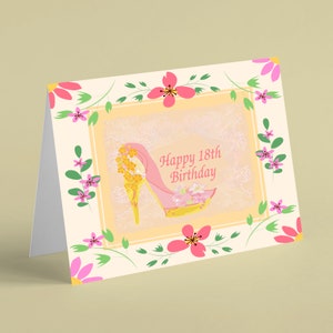 Biglietto per il 18° compleanno con scarpe col tacco alto rosa e giallo - possiamo fornire questo biglietto in qualsiasi età - biglietti Beebooh