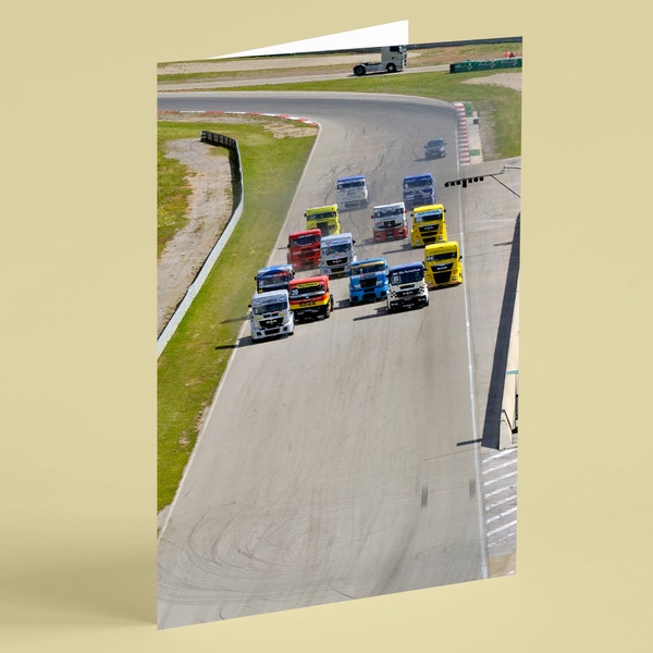 Truck cabs on grand prix track birthday card - Beebooh cards