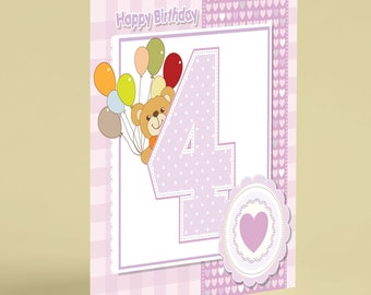 Teddy bear with balloons fourth birthday card - Beebooh cards