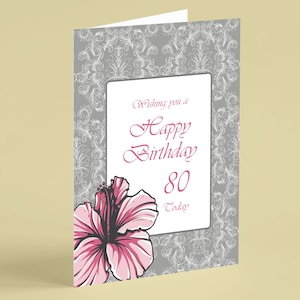 Tarjeta de cumpleaños número 80 con flor rosa y diseño adornado: podemos suministrar esta tarjeta a cualquier edad - Tarjetas Beebooh