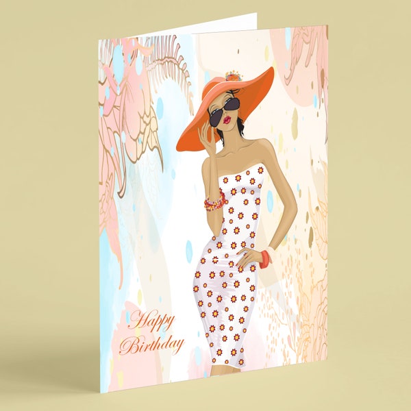 Carte d'anniversaire de dame sophistiquée portant un chapeau - Cartes Beebooh