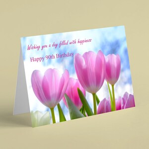 Cartão de aniversário de 90 flores de tulipas cor de rosa - cartões Beebooh - pode fornecer outras idades, envie uma mensagem