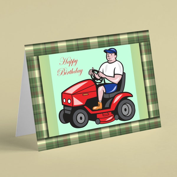 Ride on lawn mower cutting grass birthday card - Beebooh cards