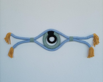 Macrame Evil Eye Wall Art, Handmade Cotton Rope Wall Hanging, Boho Home Decor, Minimal Fiber Art, Protection Decor