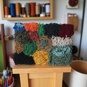 Whispers of Color – Colorful Textured Wall Art, Handmade Yarn Decor, Boho Fiber Wall Hanging, 35x50 cm Modern Textile Art