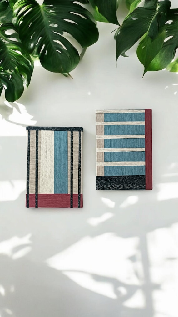 Modern Yarn Wall Art Set – Blue, Beige, Red, Handmade Duo