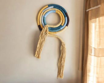 Colorful Yarn Wall Hanging: Handmade Fiber Art Sculpture (70x30cm)