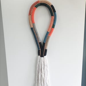 Colorful Boho Rope Wall Hanging – Hand-Wrapped Textile Art with Tassels for Modern and Eclectic Home Decor