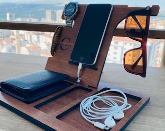 Personalized mens gift, wooden Phone stand, Gift for Boyfriend Gift for Him, Wooden Docking Station ,Anniversary Gifts for Men