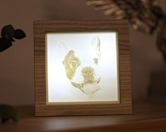 May include: A wooden picture frame with a white background and a light brown image of a dog's face. The dog is a French Bulldog with its tongue sticking out.