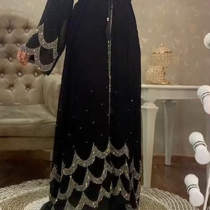 Abaya, Golden Crystal work flare abaya, Dubai Abaya, Eid dress, Moroccan Abaya, Muslim women modest dress