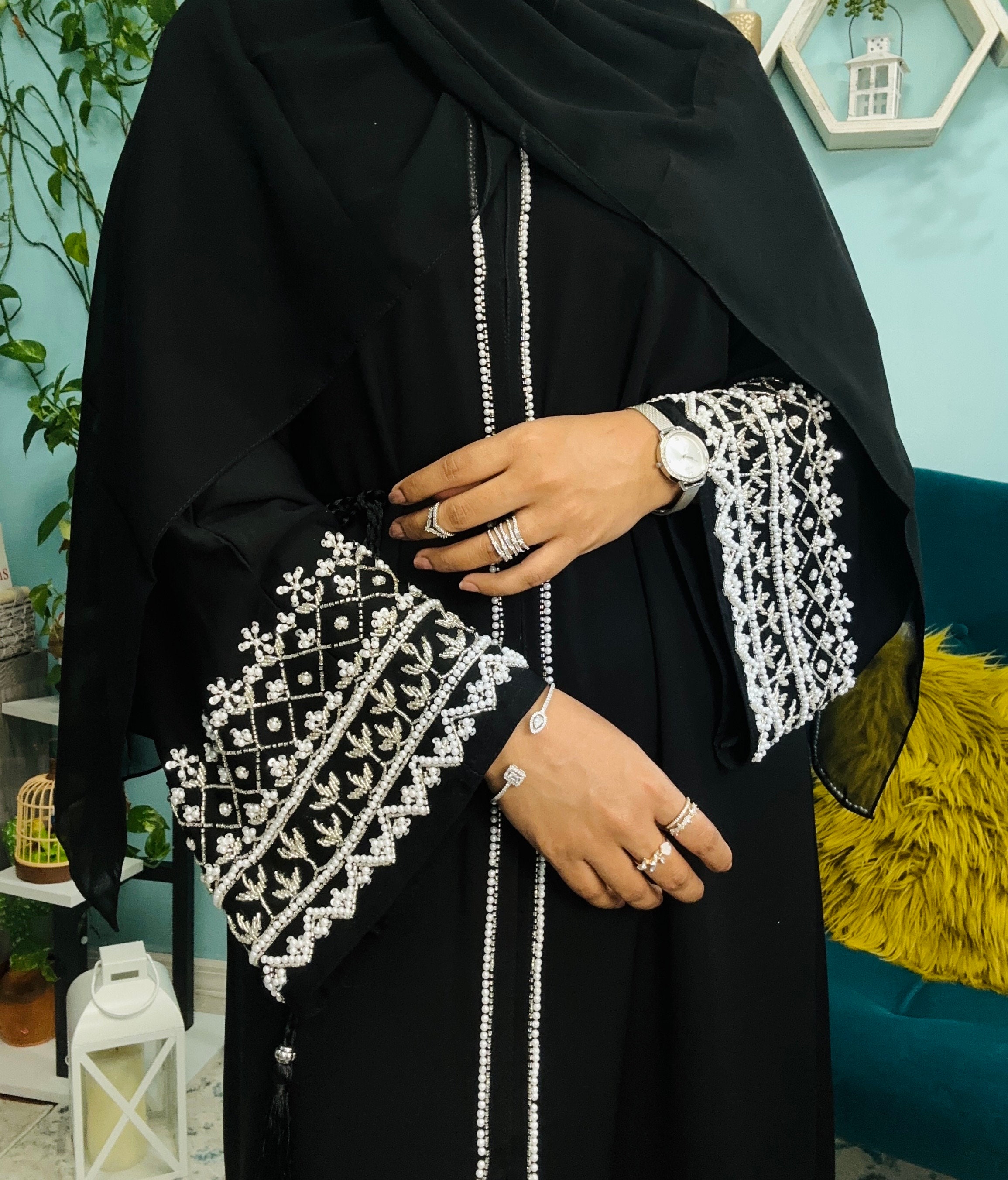 Ivory black floral tunic - Modest Dresses, Abaya, Long Sleeve