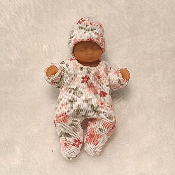 Handmade Doll Clothes for Zuru My Mini Baby:  Sage Floral Footed Sleeper and Hat