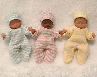 Handmade Doll Clothes for Zuru My Mini Baby:  3 Pastel Striped Footed Sleepers and Hats