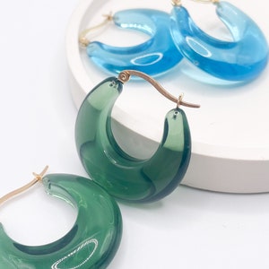 Resin Hooped Earrings! // Casual Chunky Resin Hoops // Acrylic Clear Resin Hoops // Blue, Amber, Green