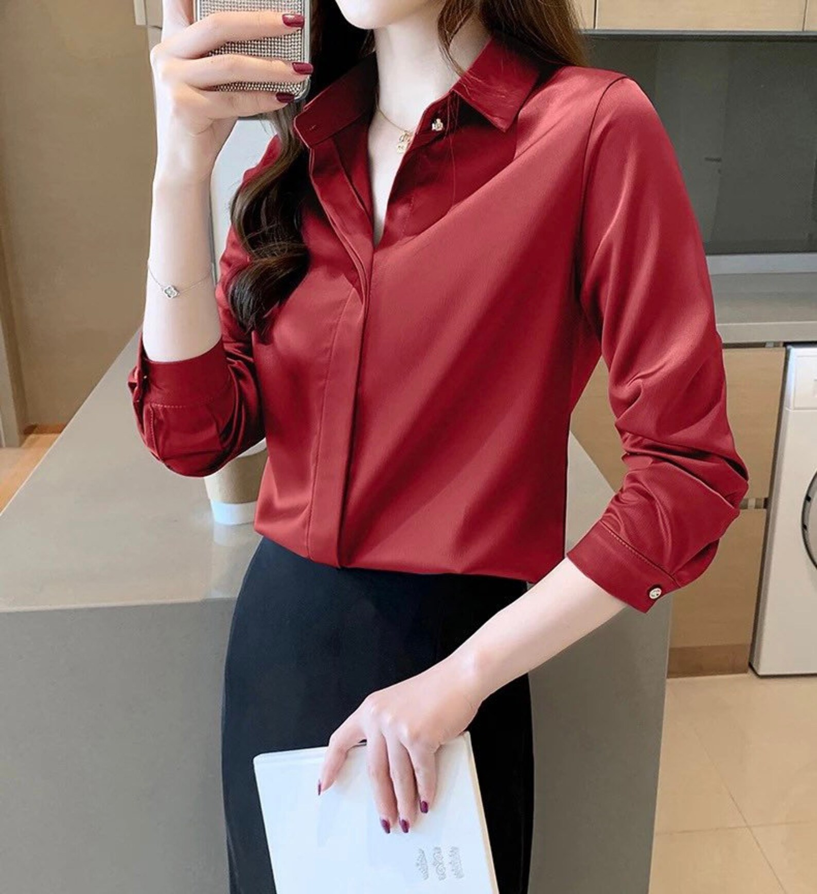 Female Elegant Romantic Loose Vintage Style Silk Satin Blouse Etsy