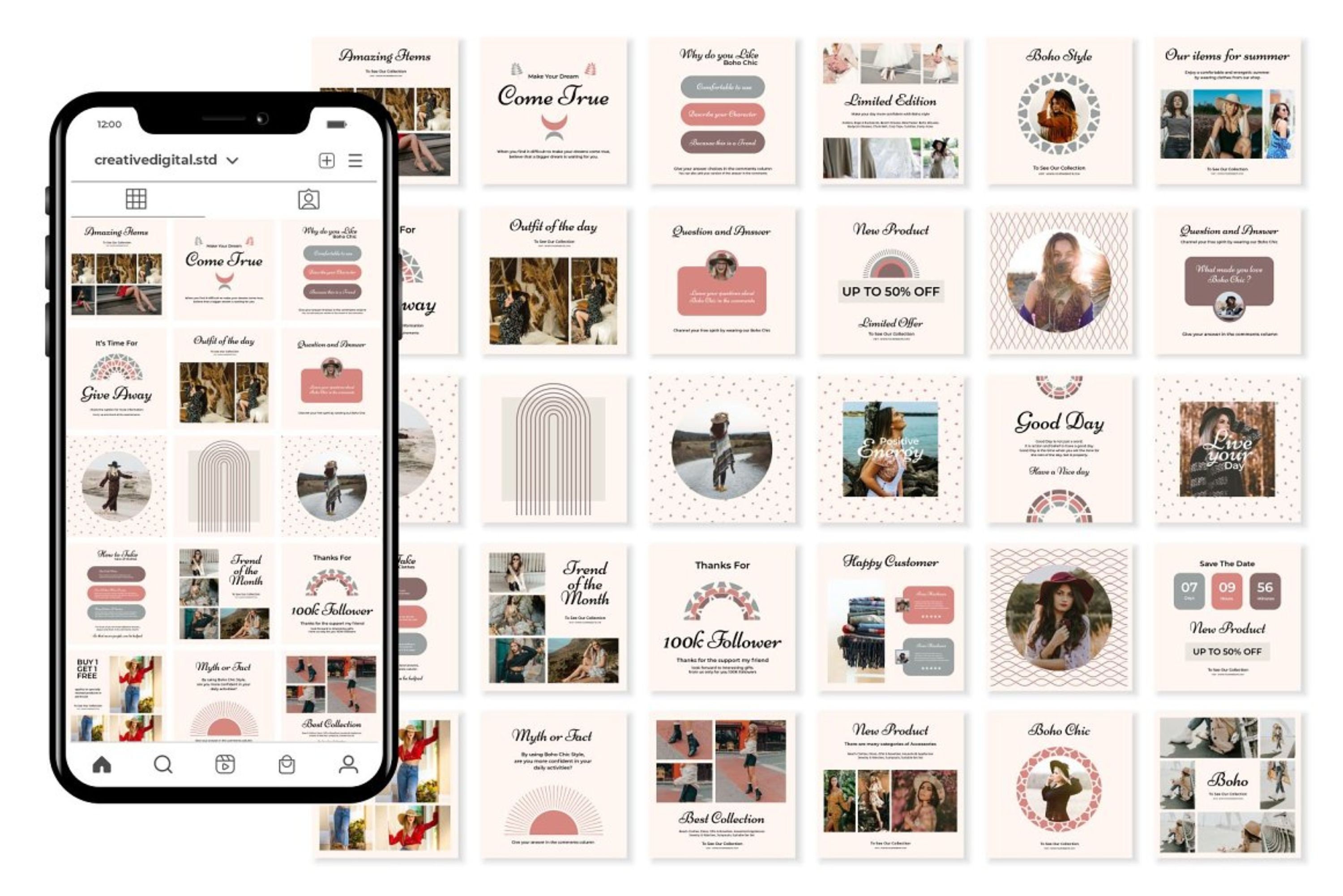 Boho Chic Social Media Templates for Canva Boho Chic IG Templates Boho ...