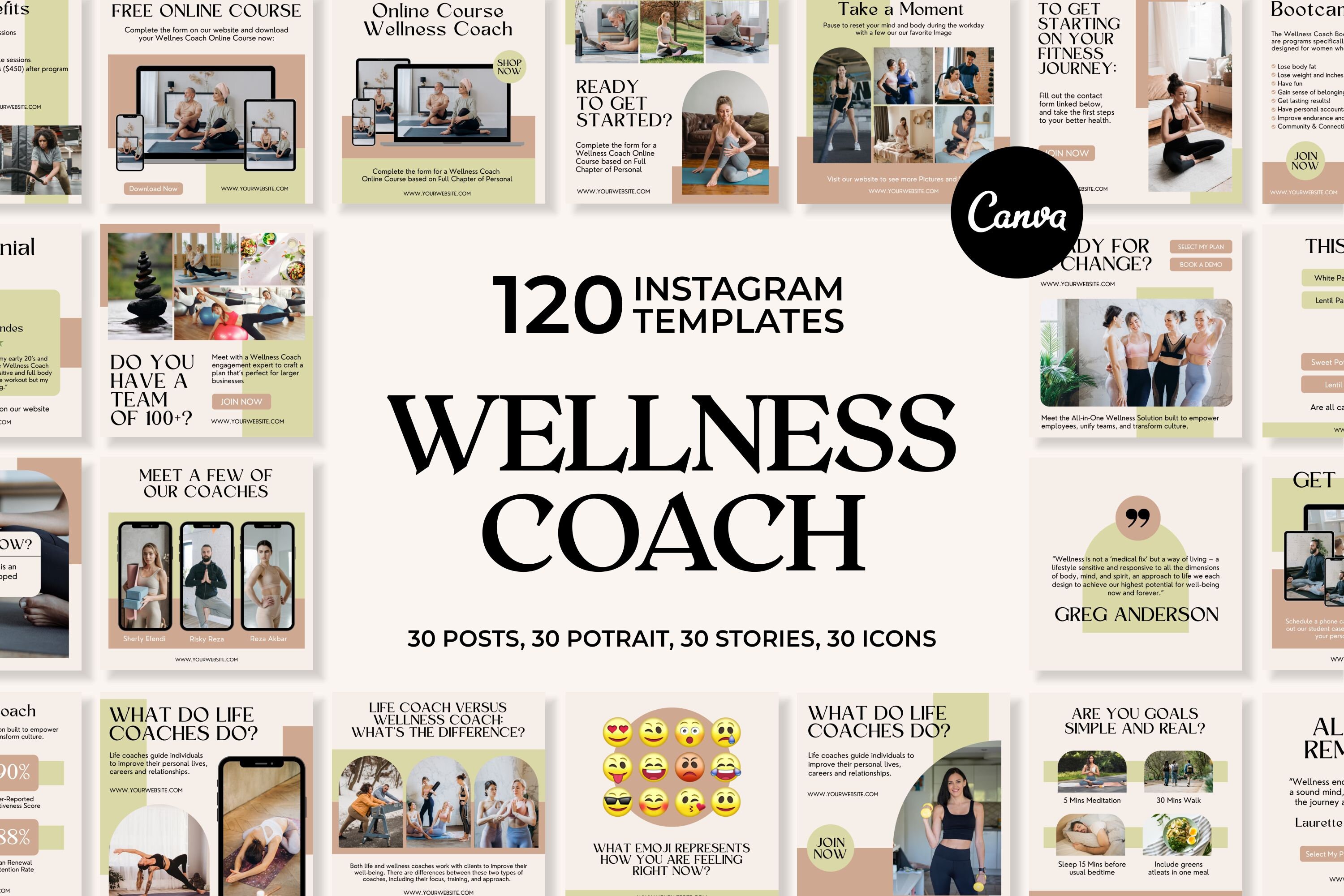 Wellness Instagram Templates | Canva Feed, Stories, Icons (digital ...
