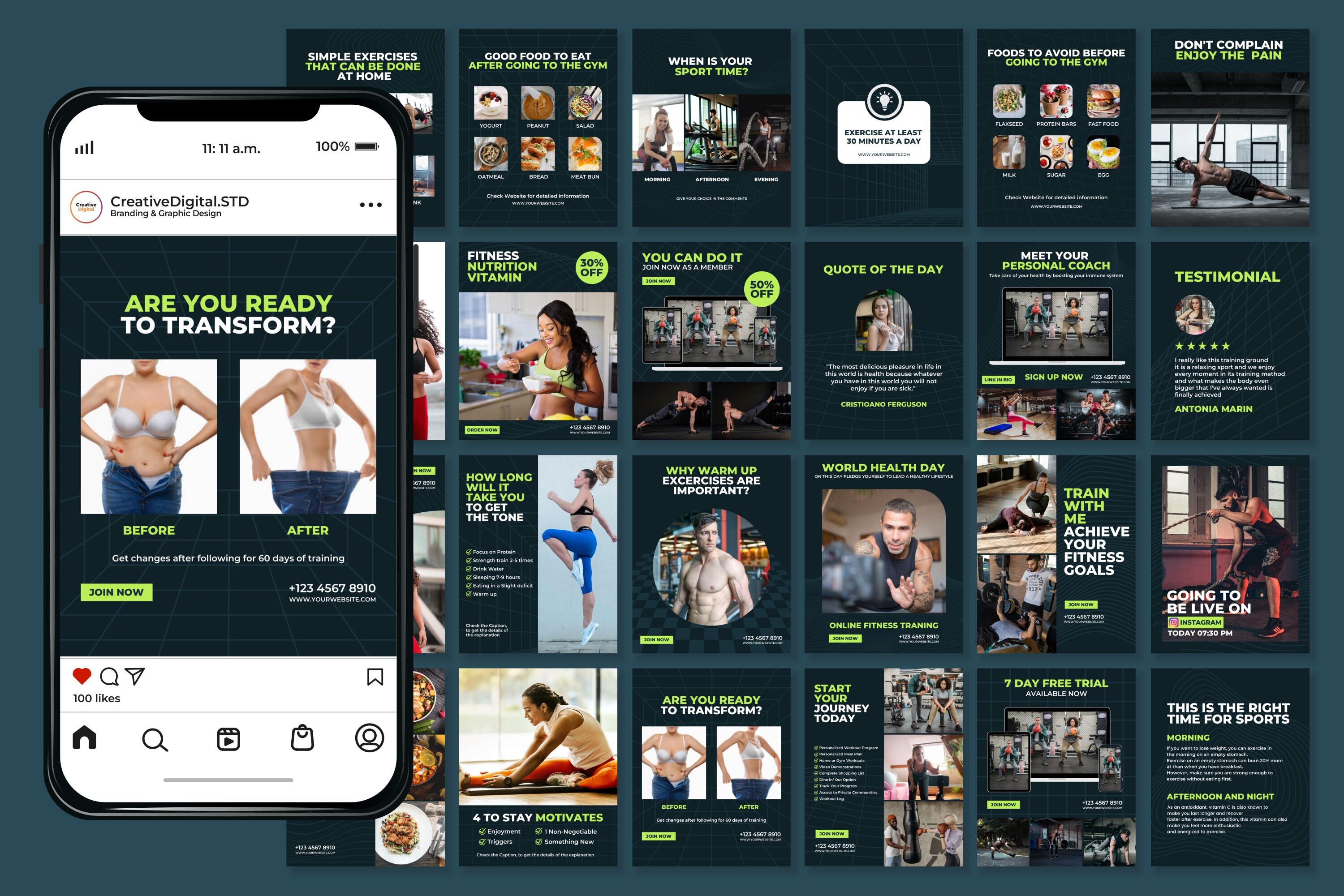 Fitness Instagram Templates for Canva | Social Media Kit (digital ...