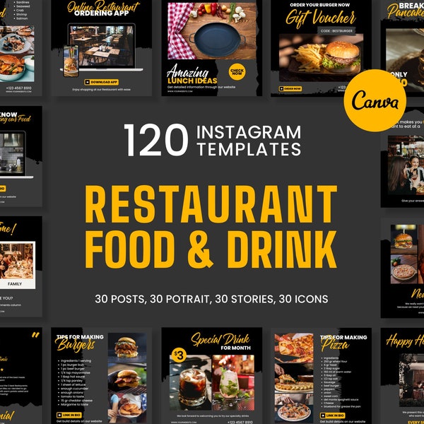 Modèles IG de restaurants pour Canva | Restaurant IG Messages-Histoires-Icônes | Contenu du restaurant | Engagement des restaurants | Kits de marque de restaurant