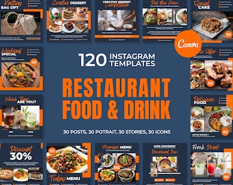 Restaurant Instagram Templates for Canva | Restaurant Social Media Posts | Restaurant Social Media Stories | Restaurant Highlight Covers