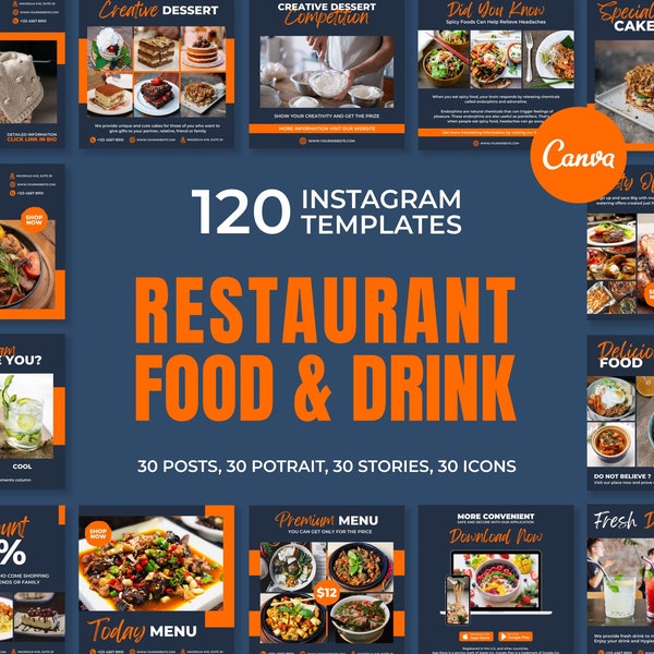 Restaurant Instagram Templates for Canva | Restaurant Social Media Posts | Restaurant Social Media Stories | Restaurant Highlight Covers