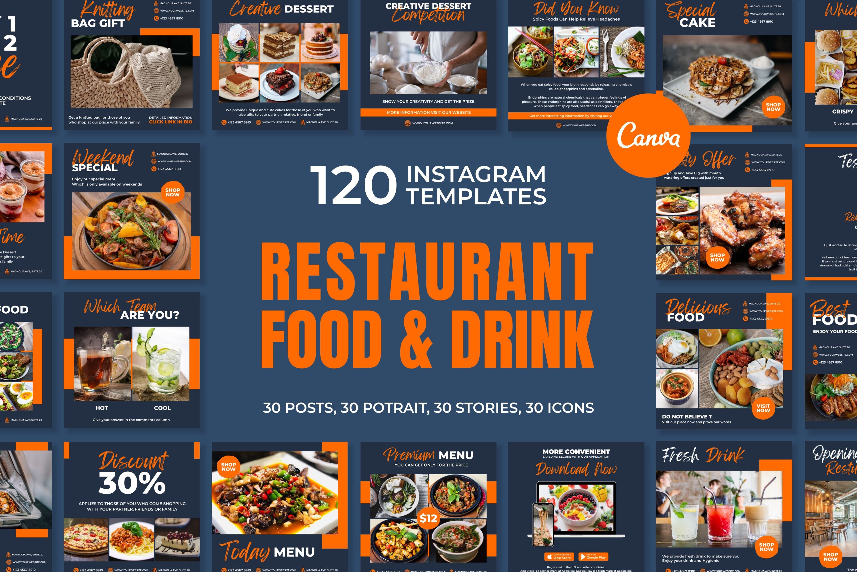 Restaurant Instagram Templates for Canva | Restaurant Social Media Posts | Restaurant Social Media Stories | Restaurant Highlight Covers