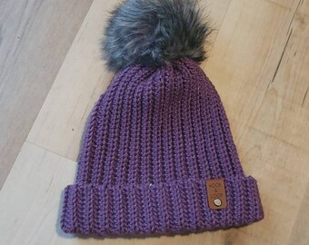 adult Purple Beanie With Grey Pom 