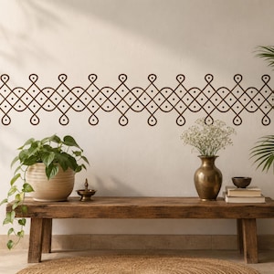 May include: A brown wall decal featuring a continuous horizontal pattern of interconnected loops and dots. The design consists of a repeating geometric motif with curved lines and small circular accents, creating a symmetrical border effect.