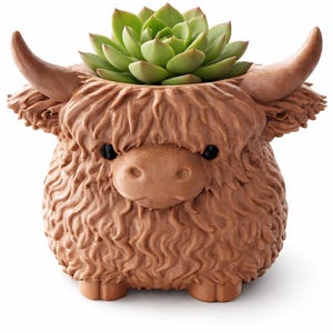 May include: A brown, Highland cow-shaped planter with a green succulent plant. The planter has a textured, furry appearance, with horns and a cute face. The succulent is a vibrant green color, contrasting with the brown planter.