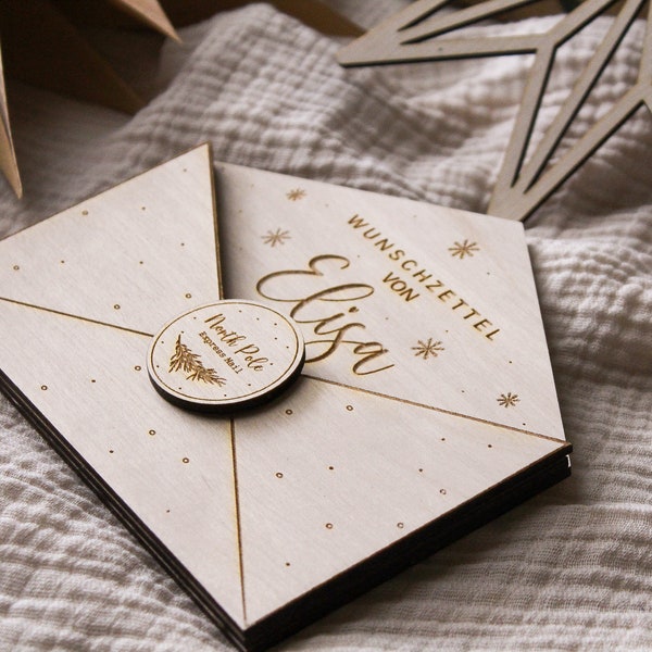 Personalized wish list. Envelope for wish lists for the Christ Child & Santa Claus made of wood, personalized Christmas ball