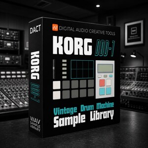 Może przedstawiać: Czarne prostokątne pudełko na bibliotekę sampli Korg DDD-1 Vintage Drum Machine. Z przodu znajduje się biały i turkusowy tekst, grafika interfejsu automatu perkusyjnego z szarymi, czerwonymi i jasnoniebieskimi przyciskami oraz logo DACT.