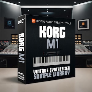 Puede incluir: Caja negra con el texto "KORG M1" en blanco y "VINTAGE SYNTHESIZER SAMPLE LIBRARY" debajo. La caja también muestra un gráfico de teclado y el logotipo "DACT". El fondo muestra un estudio de grabación.