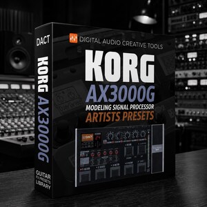 Puede incluir: Una caja de producto rectangular negra para el procesador de señal de modelado Korg AX3000G. El frente presenta el texto Digital Audio Creative Tools, Korg AX3000G, Modeling Signal Processor y Artists Presets, con una imagen del dispositivo.