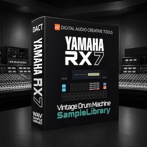 May include: A black rectangular box for a Yamaha RX7 vintage drum machine sample library. The front features white text reading Yamaha RX7, Digital Audio Creative Tools, and Vintage Drum Machine SampleLibrary, with a graphic of the drum machine.