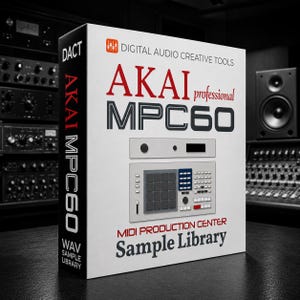 Op de afbeelding: Een witte doos met de tekst "AKAI MPC60" in rood en zwart, en "MIDI PRODUCTION CENTER Sample Library" eronder. De doos toont een afbeelding van een grijze MPC60 sampler. De woorden "DACT" en "WAV SAMPLE LIBRARY" zijn ook zichtbaar.
